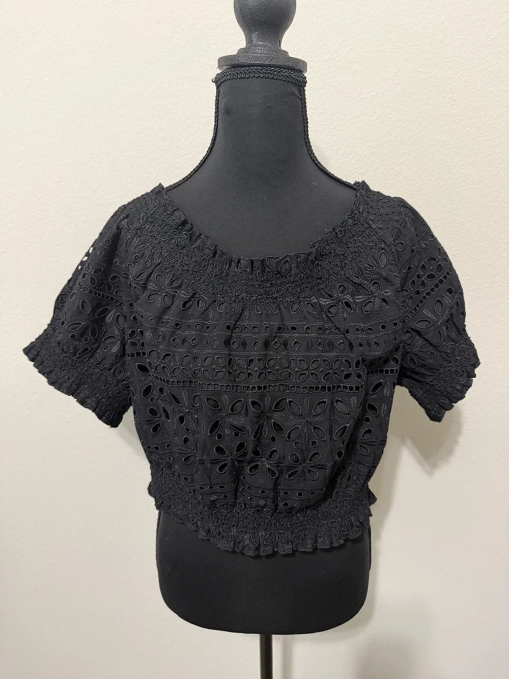 NWOT J. Crew Black Eyelet Smocked Crop Top